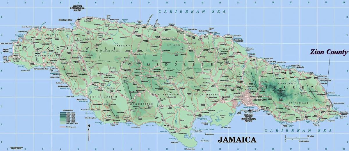 füüsiline kaart, jamaica, mis näitab mägesid