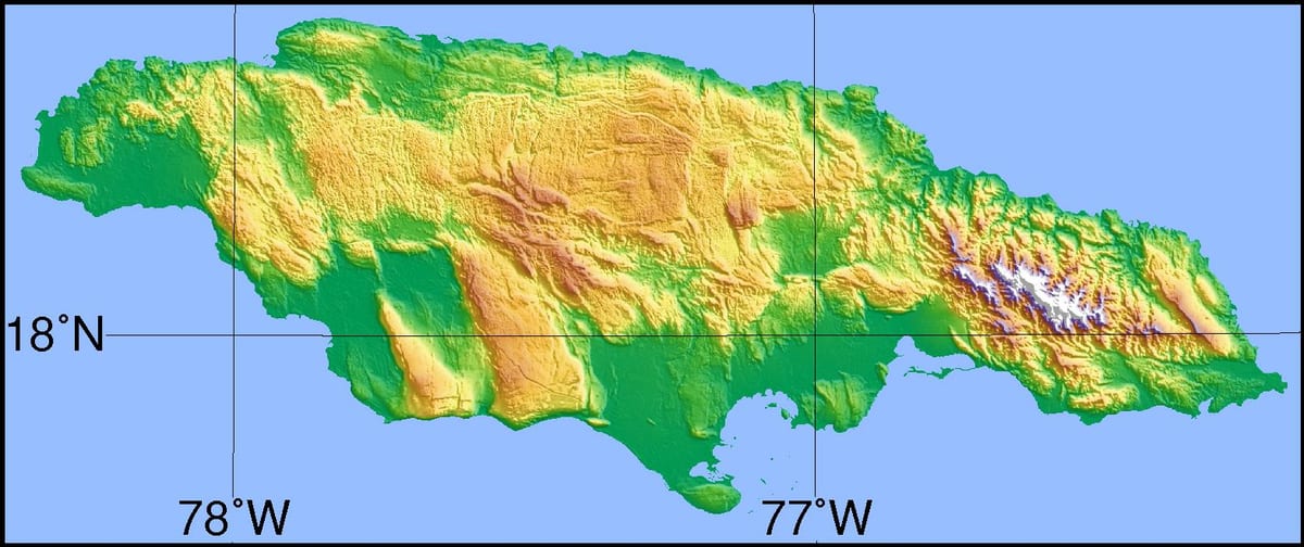 kaart jamaica, mis näitab mäed, tasandikud ja orud