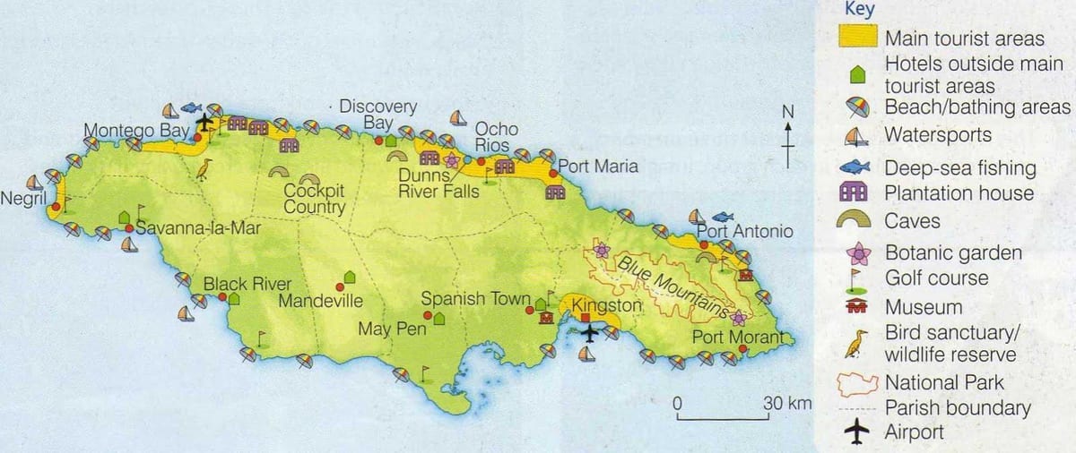 Kaart jamaica, mis näitab resort valdkondades